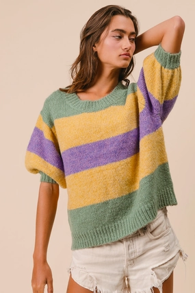 IT3151-01 | SHORT PUFF SLEEVE MARDI GRAS STRIPES SWEATER Chic Spirit Timeless Fashion