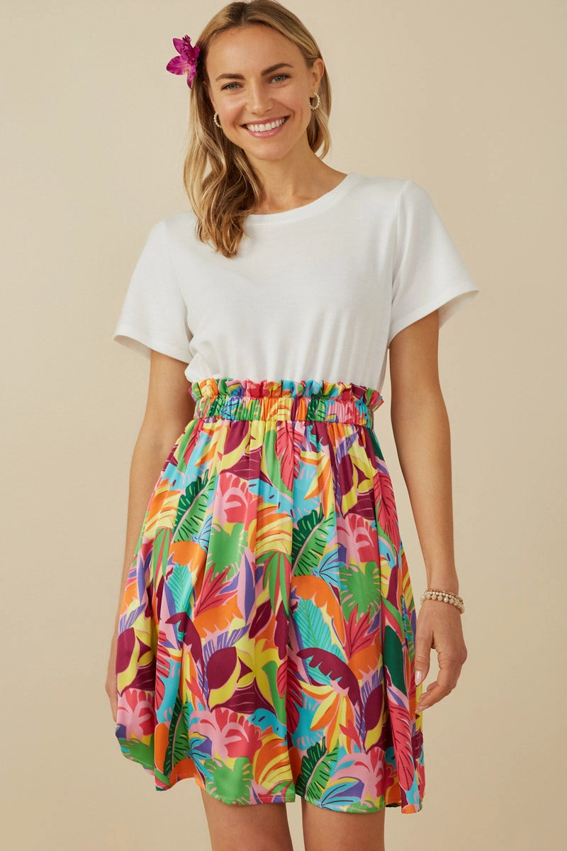 Tropical Satin Chiffon Mixed Media Dress Soft Texture Frayed-Edge