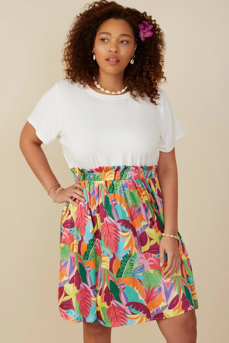 Tropical Satin Chiffon Mixed Media Dress Balloon-Sleeve Grace Color