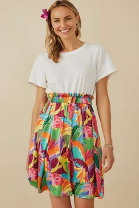 Tropical Satin Chiffon Mixed Media Dress Beach Walk