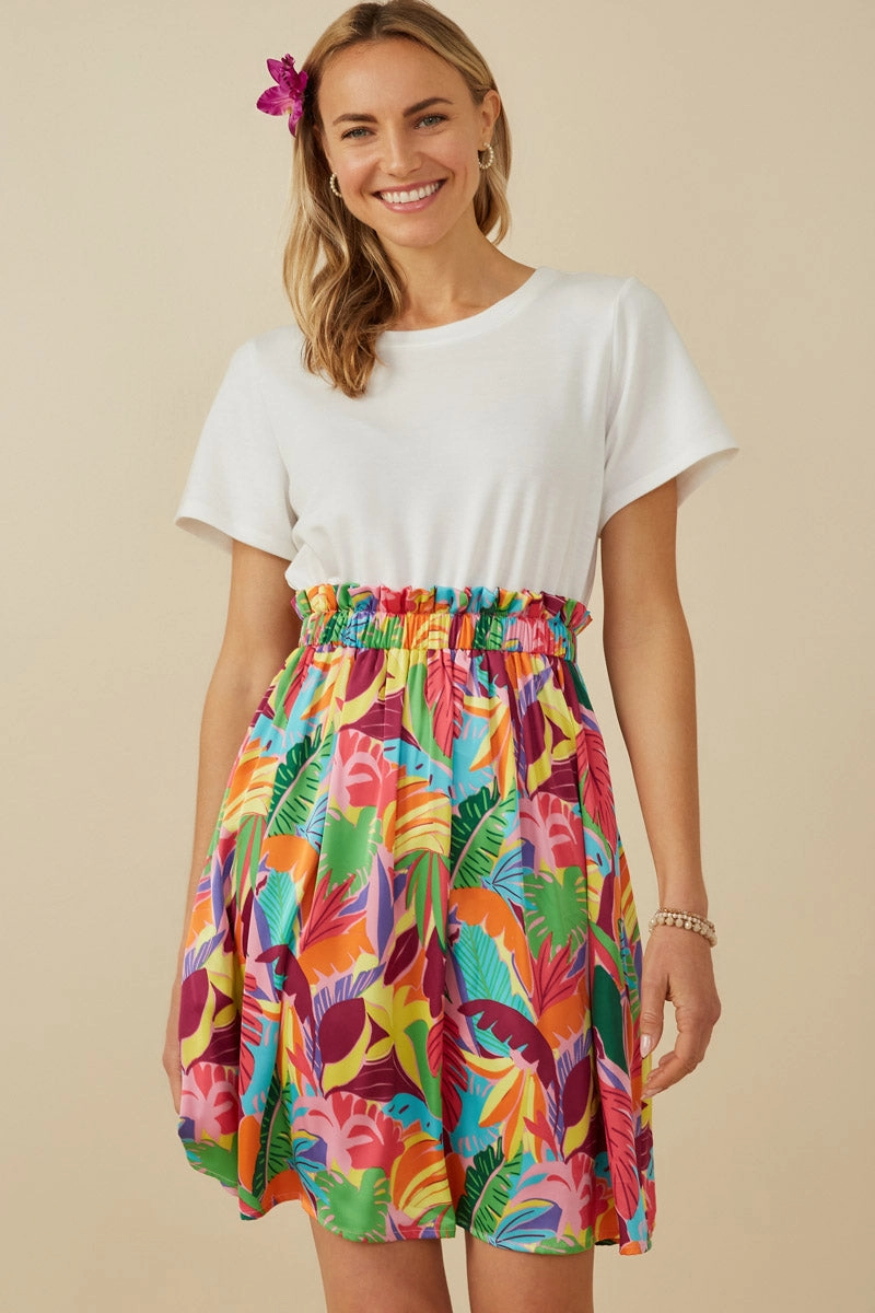 Simple Spirit Office Friendly Tropical Satin Chiffon Mixed Media Dress