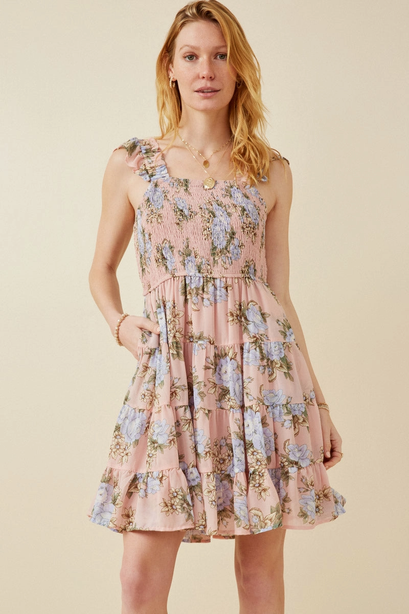 Sophisticated Edge Smocked Detail Ruffled Strap Floral Print Dress