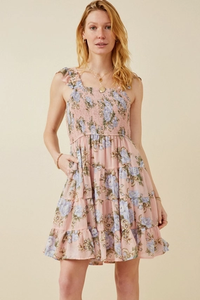 Smocked Detail Ruffled Strap Floral Print Dress Soft Versatile-Style