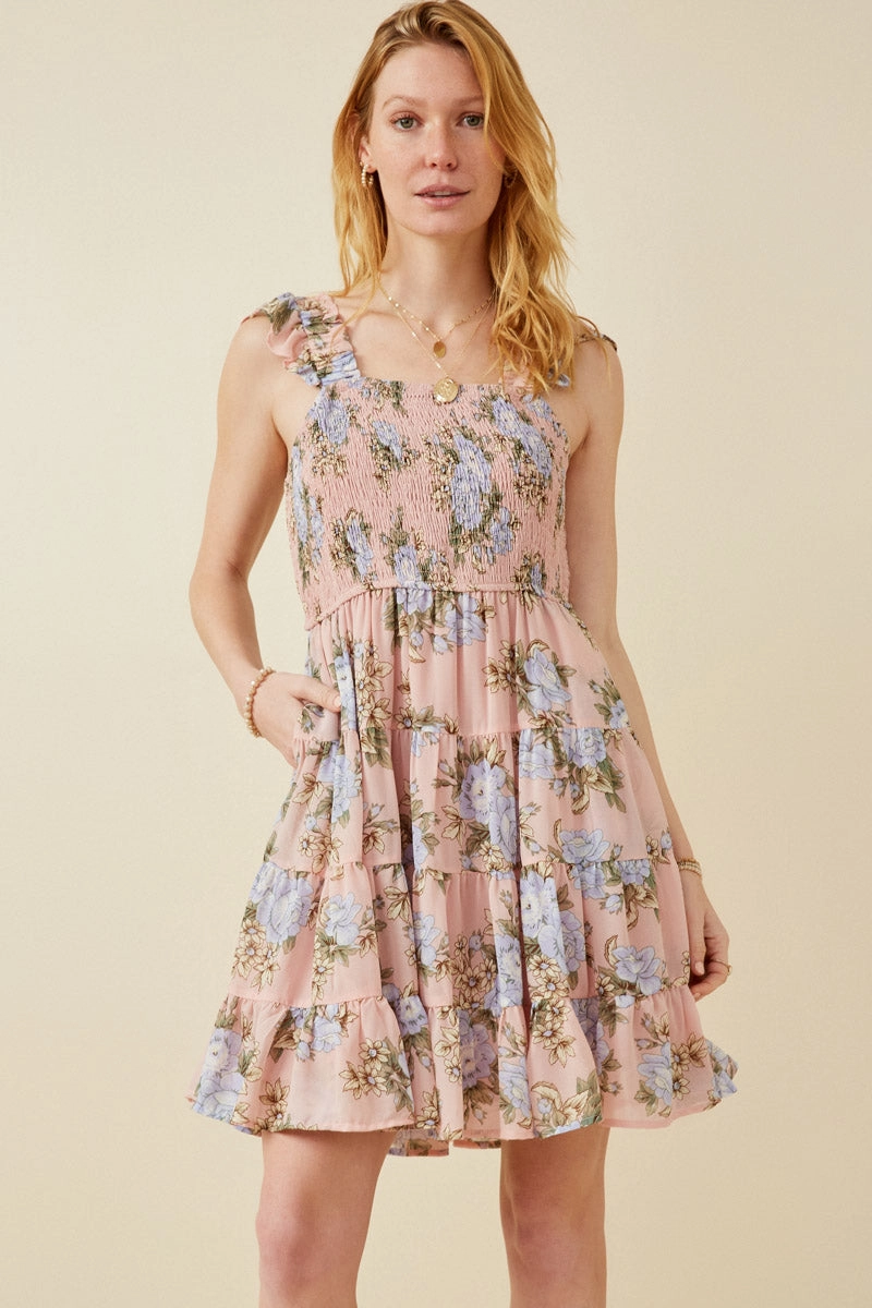 Smocked Detail Ruffled Strap Floral Print Dress Pastel-Tone