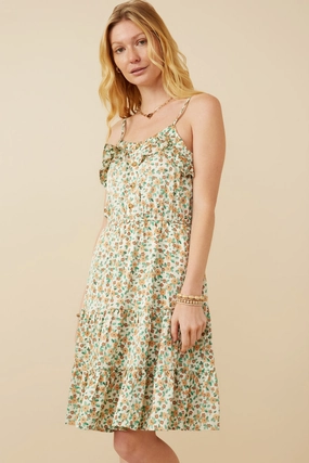 Warm Base Womens Ditsy Floral Button Detail Ruffled Tank Dress