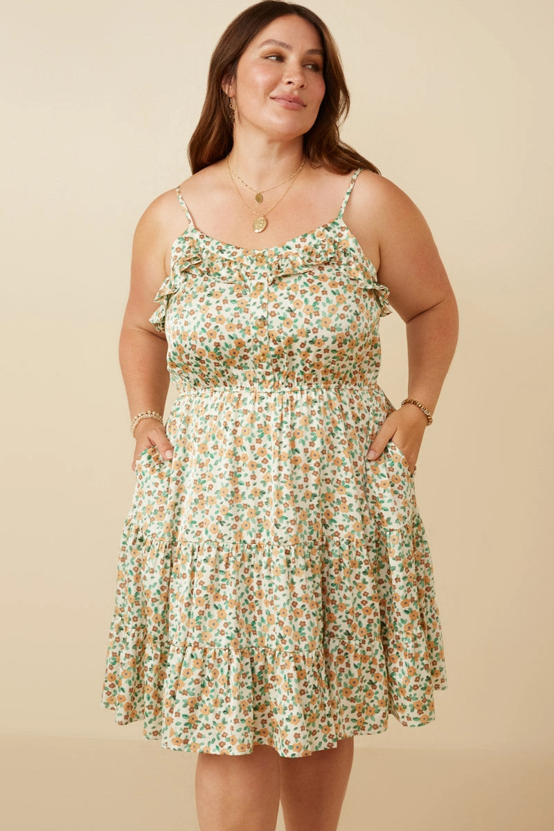 Womens Ditsy Floral Button Detail Ruffled Tank Dress Occasion Ready Event Mood