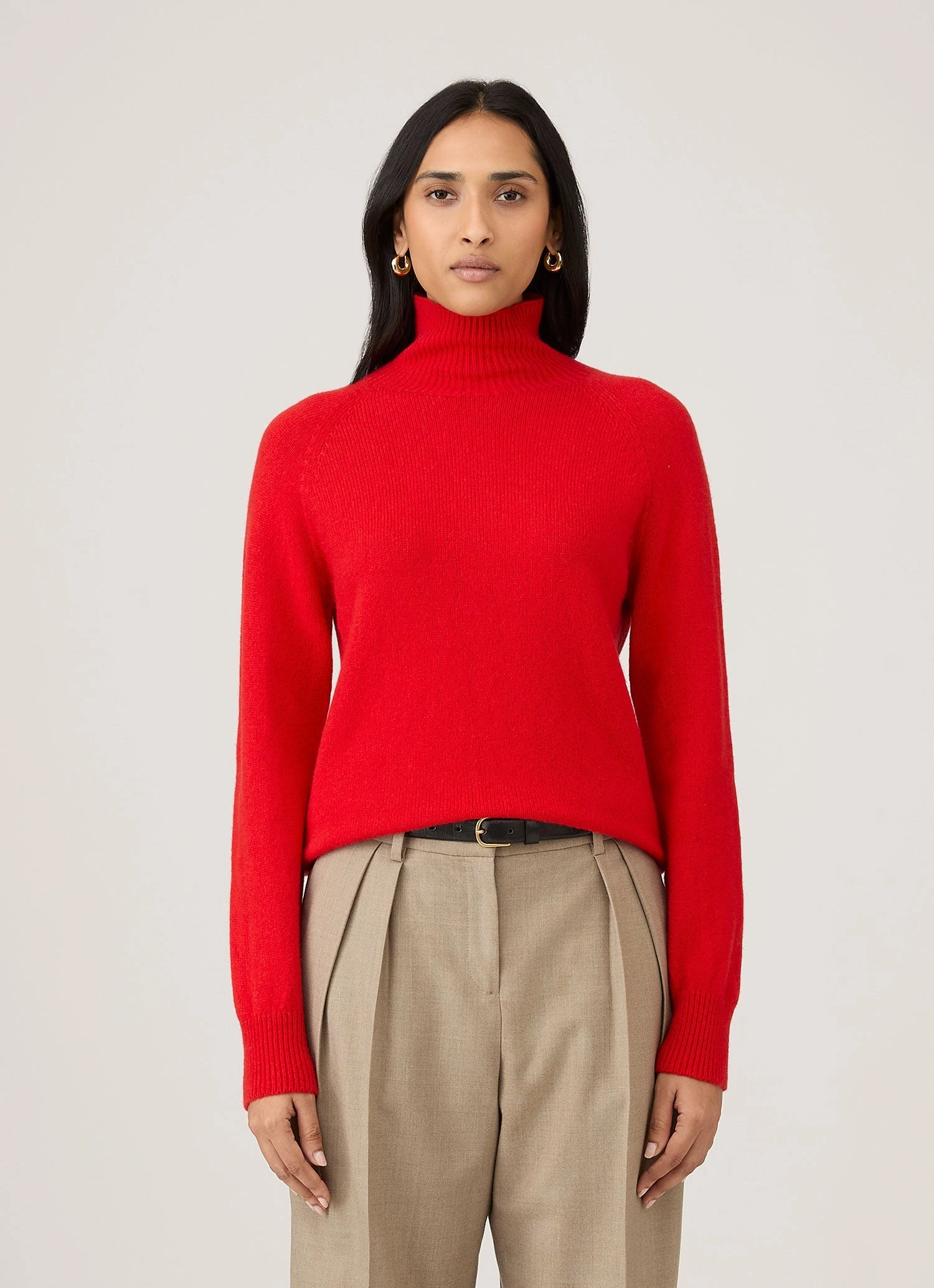 Trendy Knit Women's Lambswool Funnel Neck Jumper in Bright Red