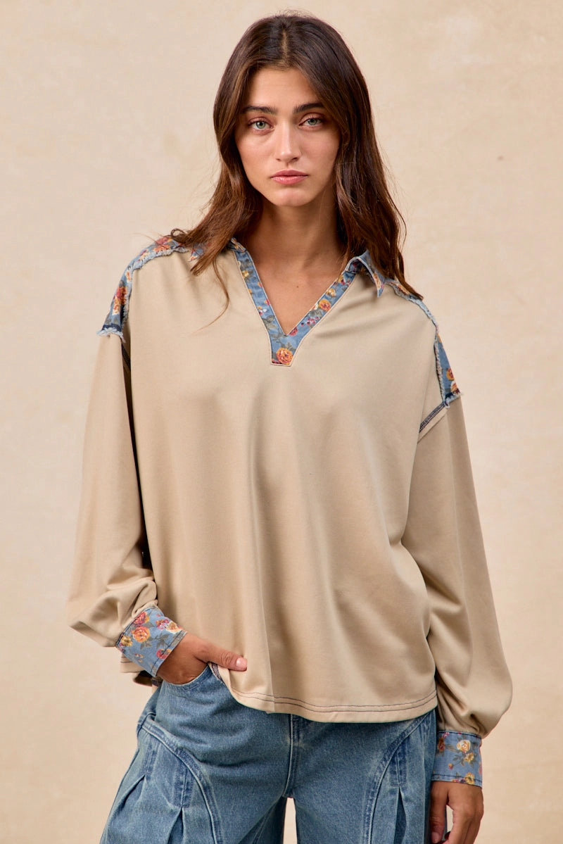 Cropped hem Form Fitting IT4674G-01 | CUT EDGE FLORAL DENIM TERRY MIX AND MATCH TOP