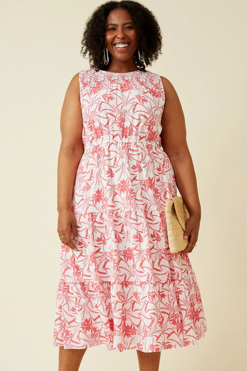 Glossy Detail Interchangeable-Detail Tropical Floral Smocked Yoke Dress