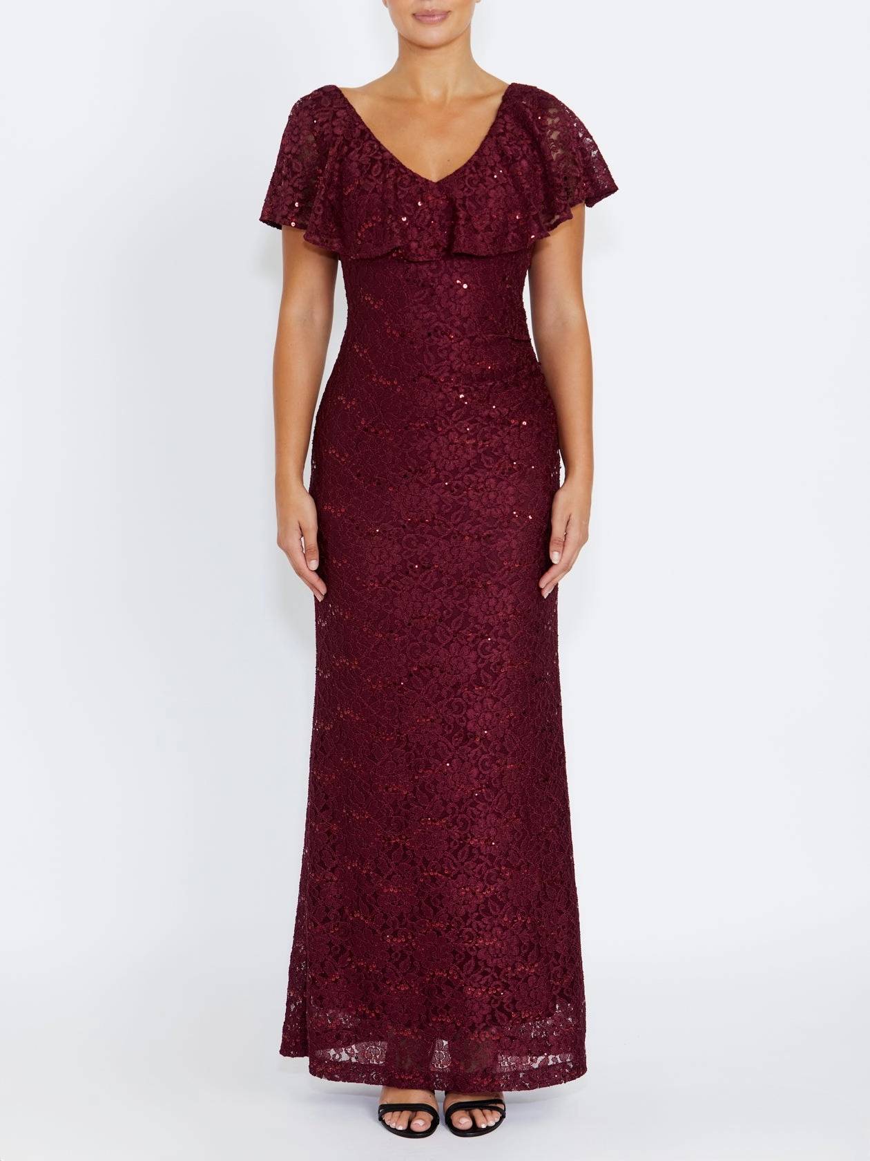 Trudy Malbec Sequin Lace Gown light layering