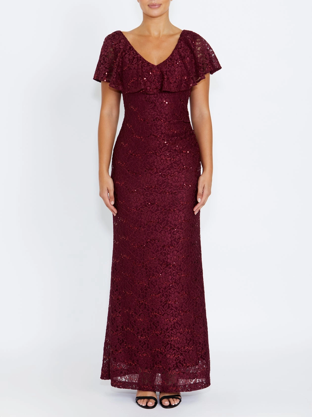 Trudy Malbec Sequin Lace Gown Calm Energy Subtle Lines