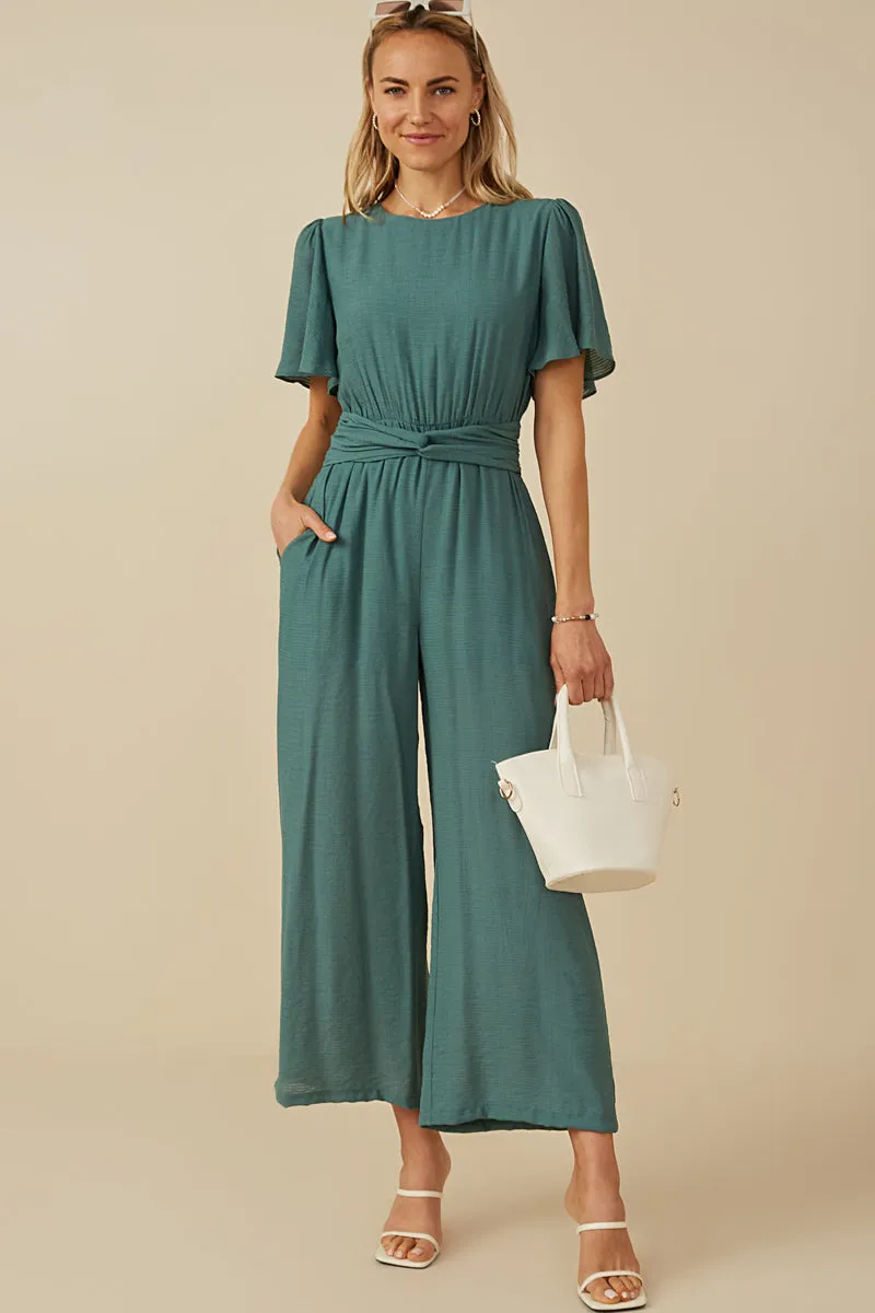 Twist Waist Wide Leg Jumpsuit Cool Fabric Texture Edge