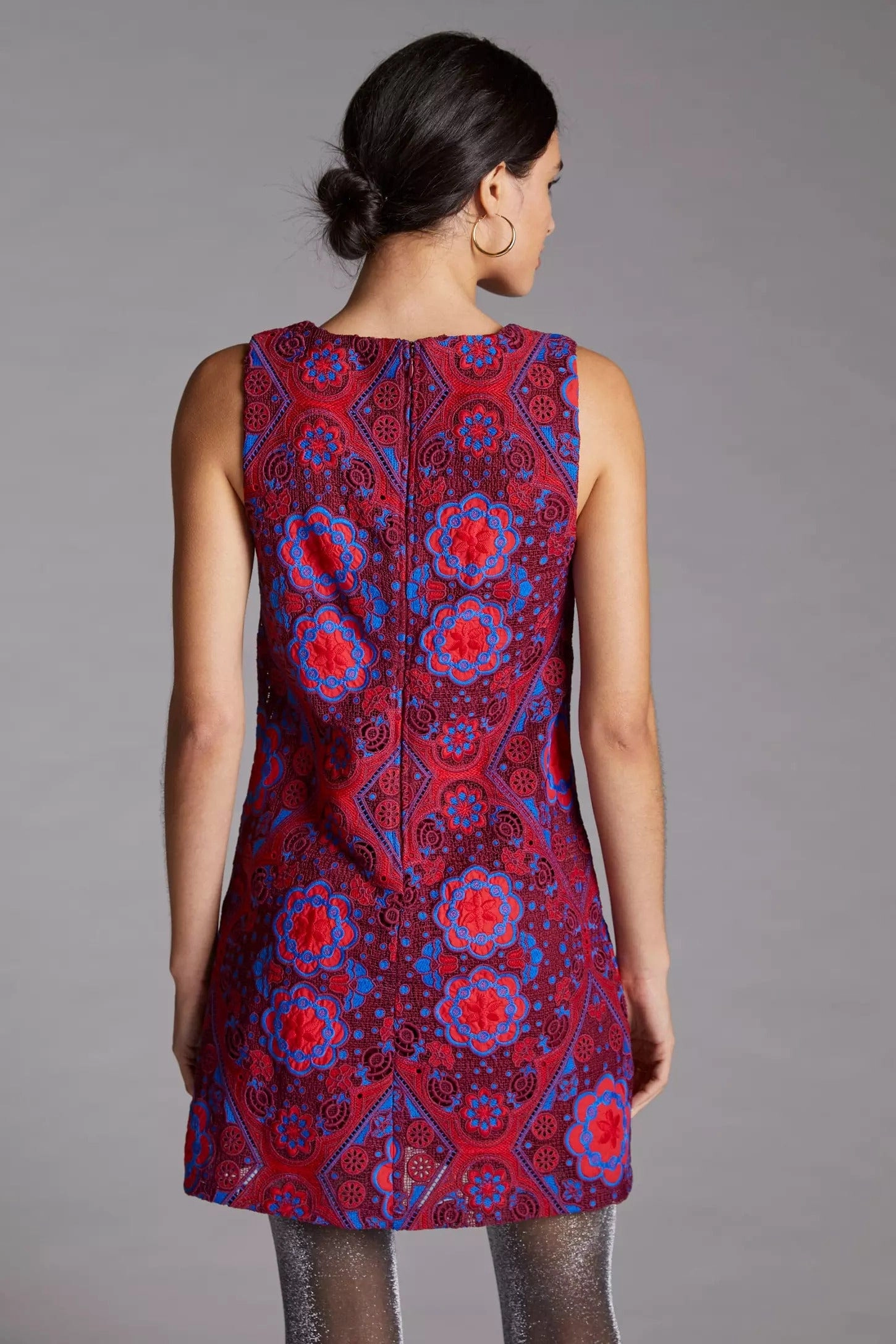 Two Fabric Eyelet Mini Dress - Burgundy