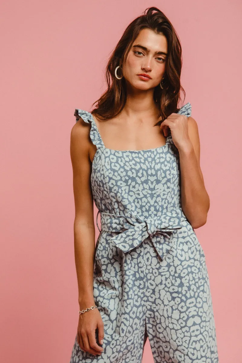 Neutral Style Durable Design IB1658-01 | LEOPARD PRINT DENIM RUFFLE SHOULDER STRAP JUMPSUIT WITH SELF BELT