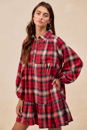 ID2029S-19 | PLAID WOVEN SHRRING BUTTONED TIERED SHIRT DRESS Effortless Look Outdoor Friendly