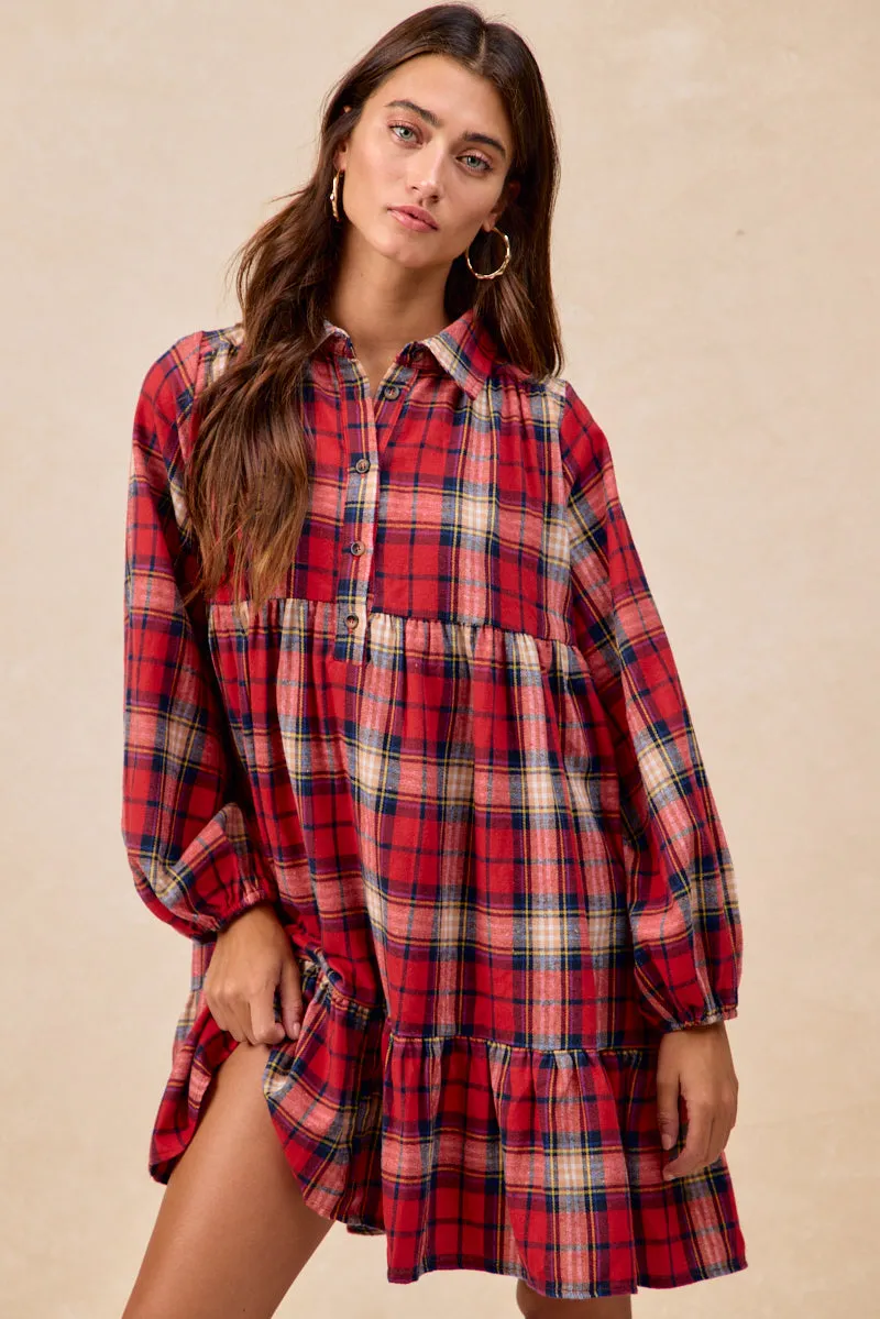 Contrast Trim Urban appeal ID2029S-19 | PLAID WOVEN SHRRING BUTTONED TIERED SHIRT DRESS