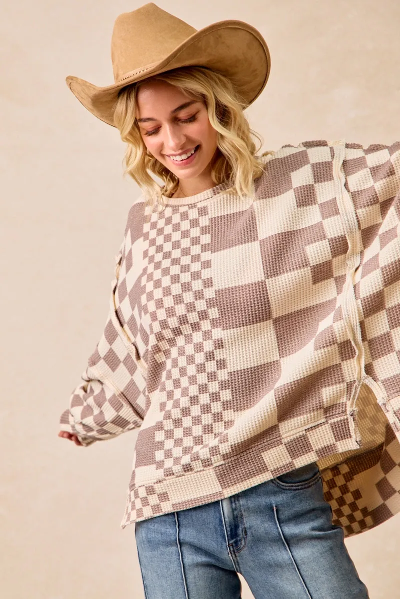 IT3426G-15P | CHECKER PRINT OVERSIZED WAFFLE THERMAL SWEATSHIRT Smart Style Functional Style