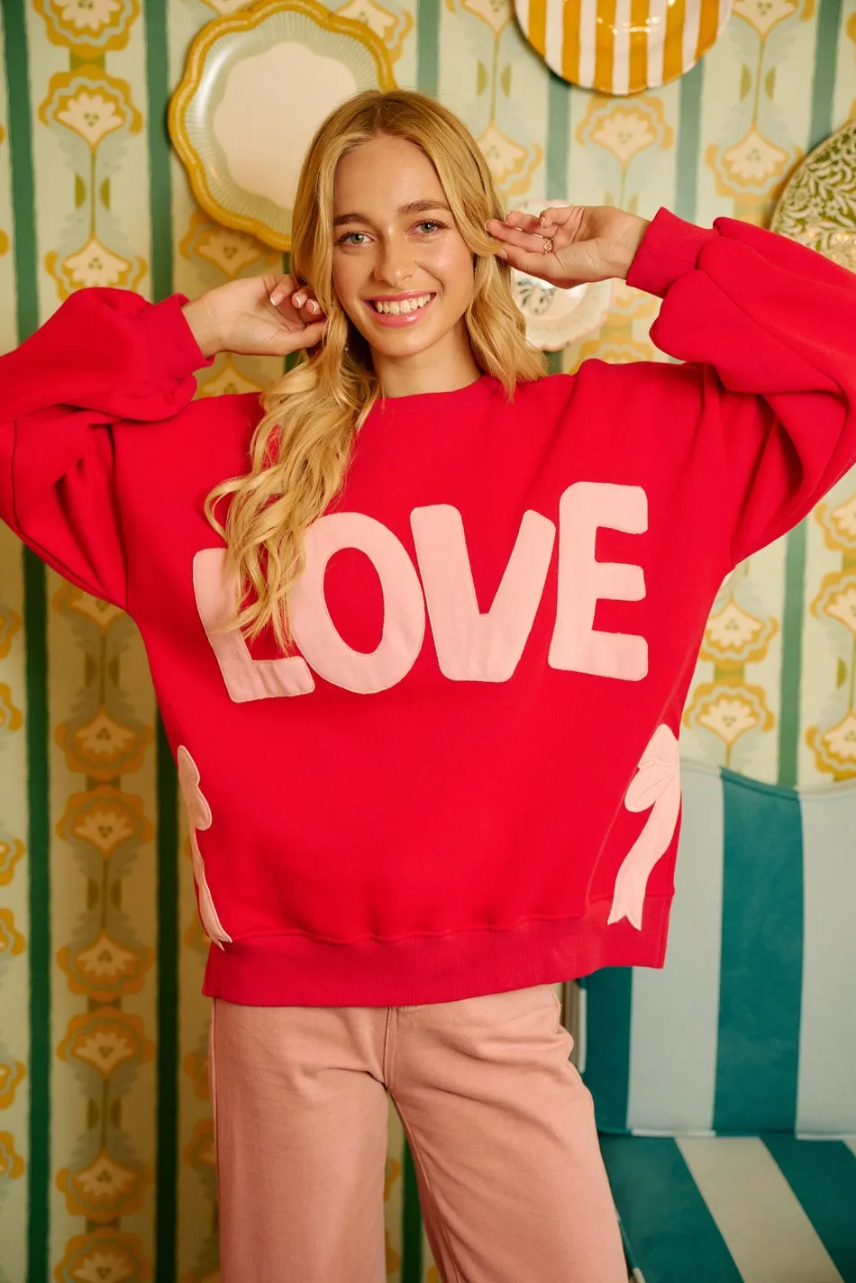 Cozy Warmth IT3797G-06 | LOVE AND SIDE BOW PATCHES FLEECE SWEATSHIRT