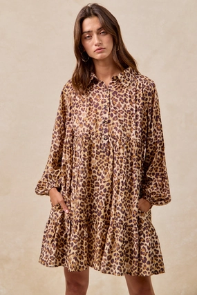 ID2029G-10 | LEOPARD PRINT SHIRRING BUTTONED TIERED SHIRT DRESS Soft Support Relaxed Style