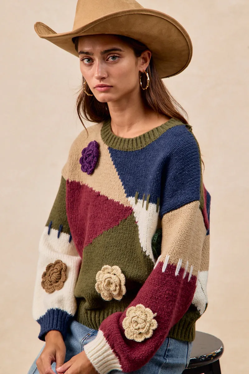 Minimalist Style IT4831-01 | FLOWER EMBROIDERED MULTI COLOR BLOCK SWEATER TOP