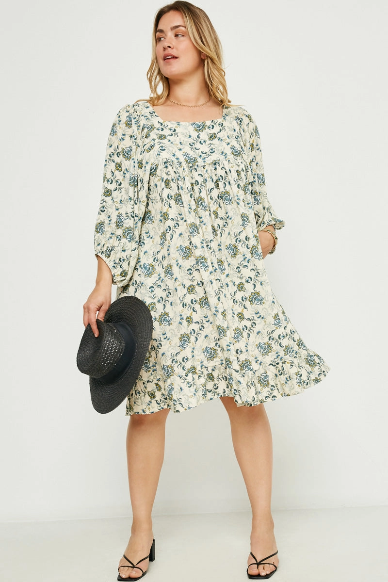 Balloon Sleeve Ruffle Hem Tunic Dress Natural Style