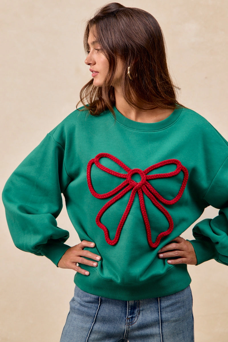 IT4777S-01 | BRUSHED TERRY BOW BRAID TAPE TOP BALLOON SLEEVES Fit Mood