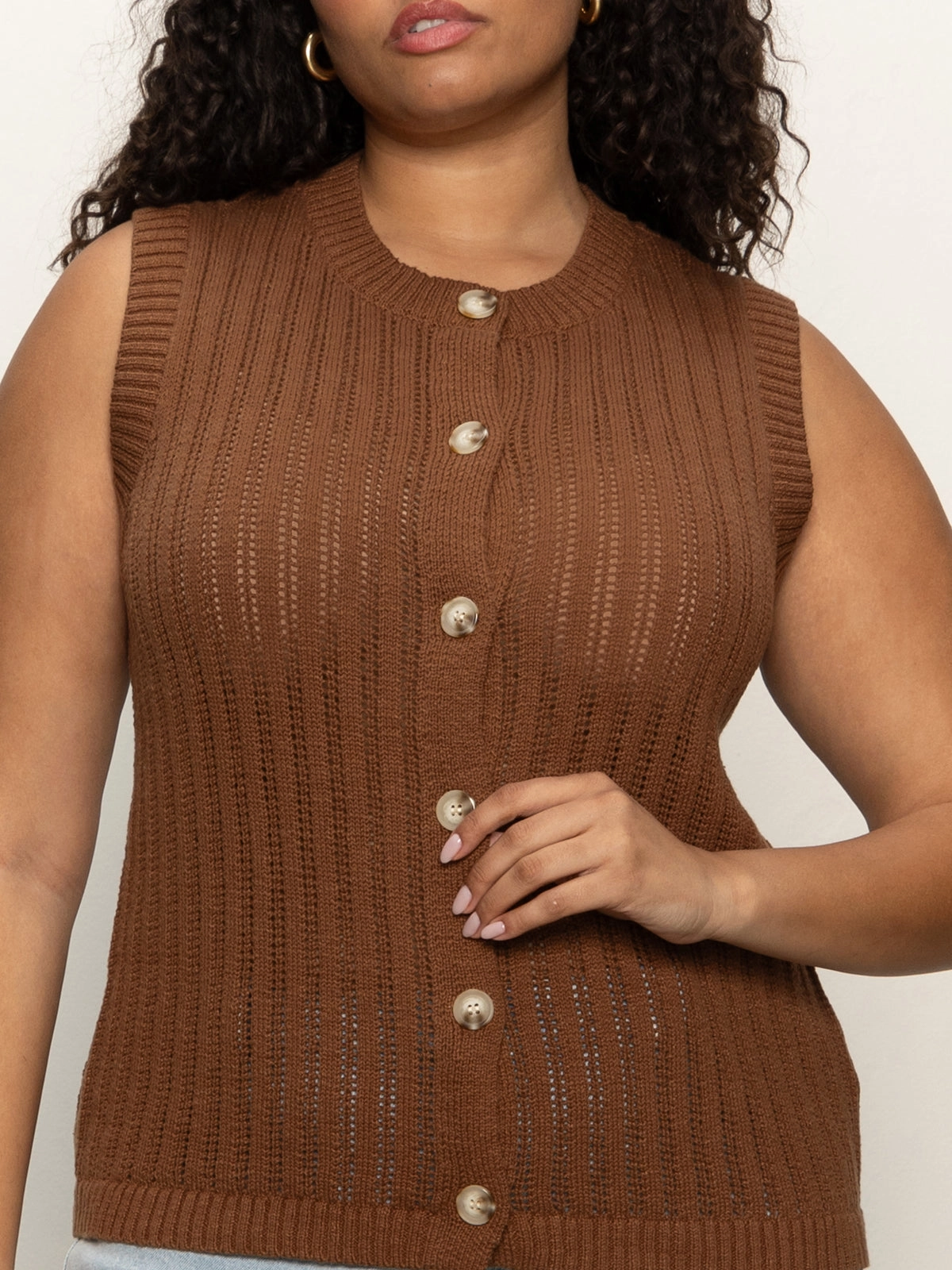 Unique Style Pointelle Shell Sweater Sepia Extended Sizing