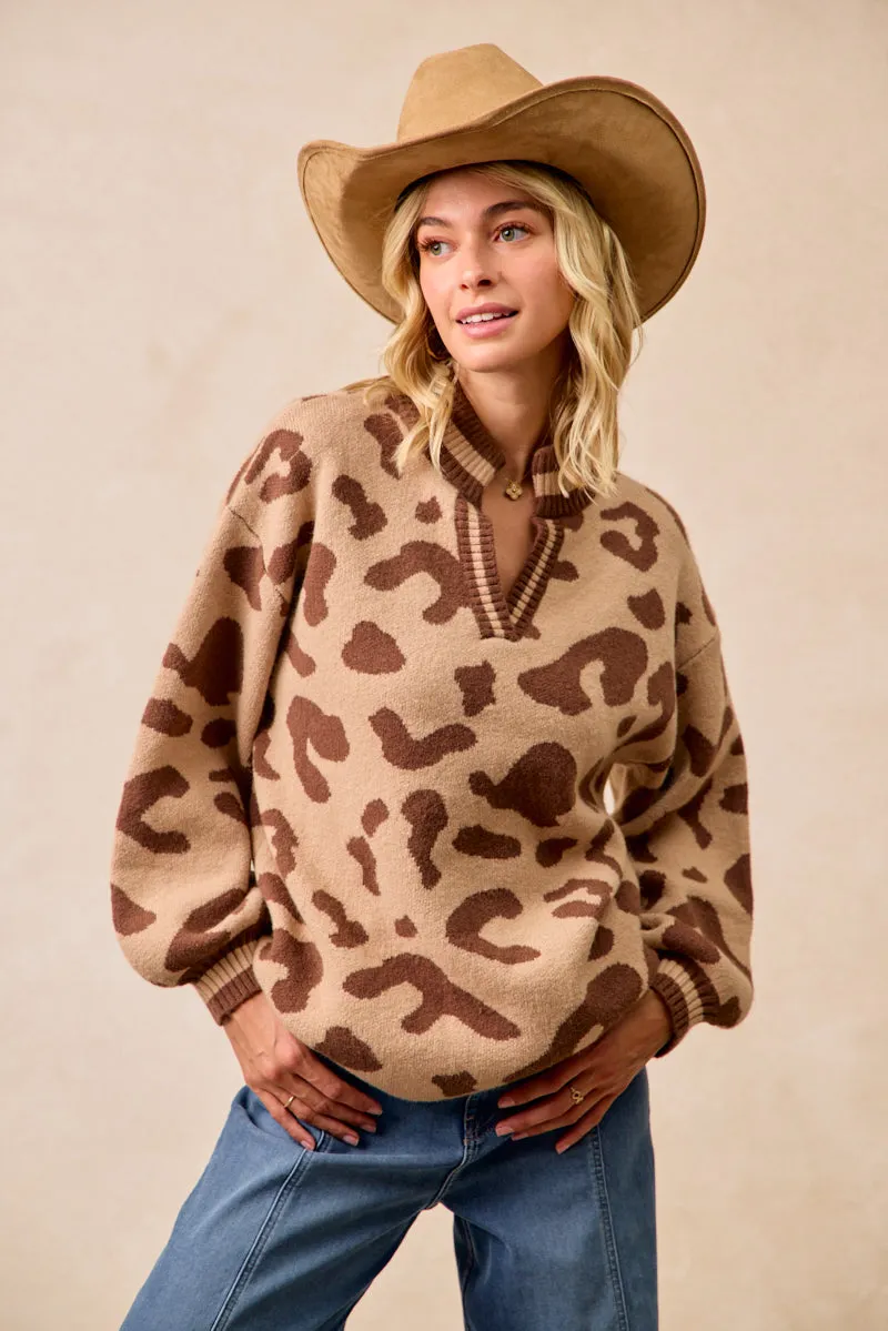 IT4554S-02 | LEOPARD PRINTED KNIT V NECK BANDED TOP Street Comfort Fit Waterproof Fabric