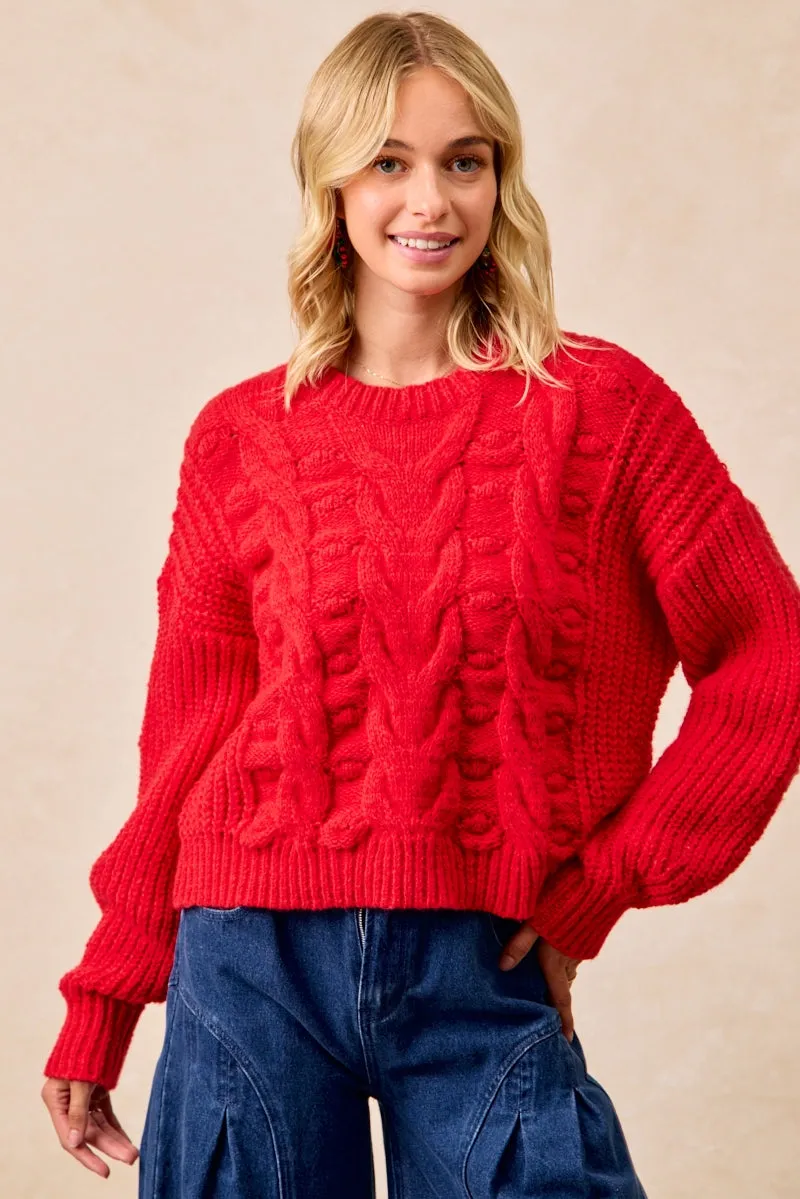 IT4646S-01 | CABLE KNIT BALLOON SLEEVES TOP Utility Pockets