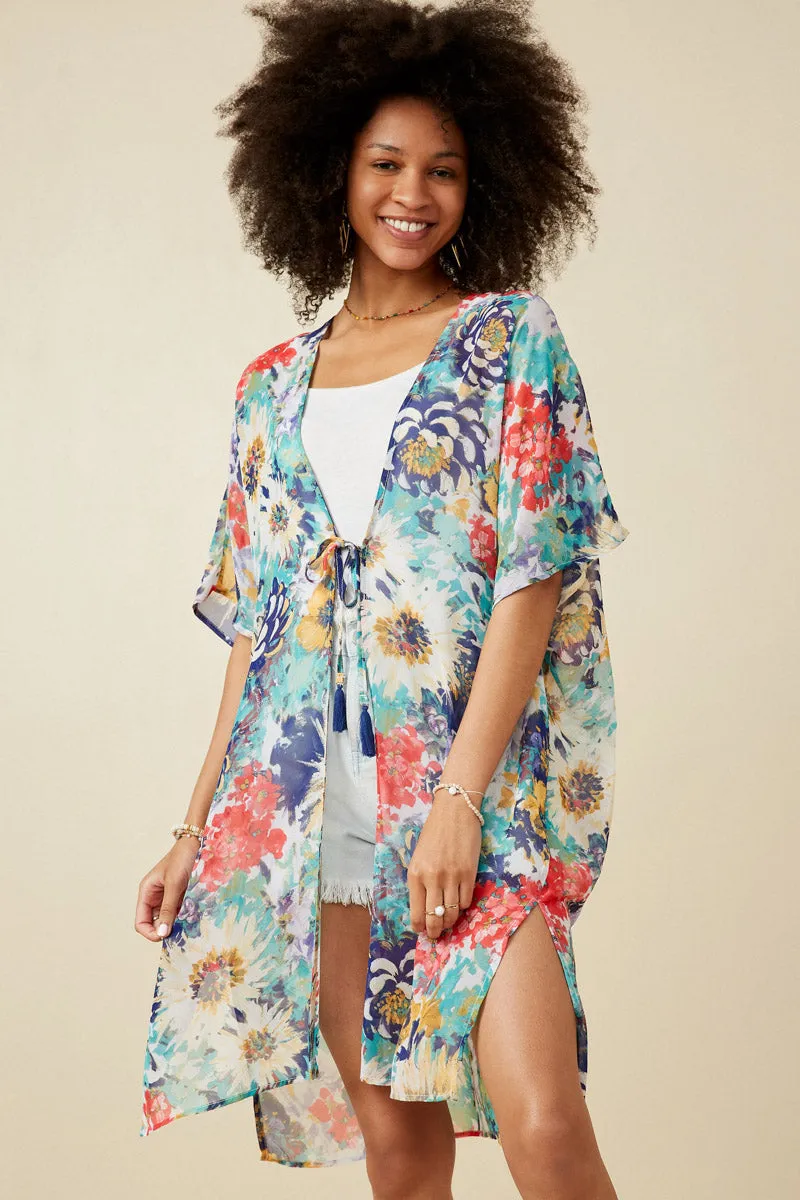 Vivid Floral Tassel Tie Chiffon Kimono Thick Fabric