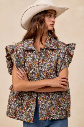 Stripe Look IP8573S-08 | FLOWER PRINTED PUFFER VEST WITH RUFFLED DETAIL