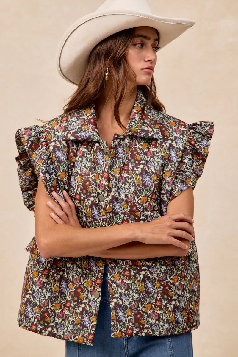 Casual Fit Silhouette IP8573S-08 | FLOWER PRINTED PUFFER VEST WITH RUFFLED DETAIL