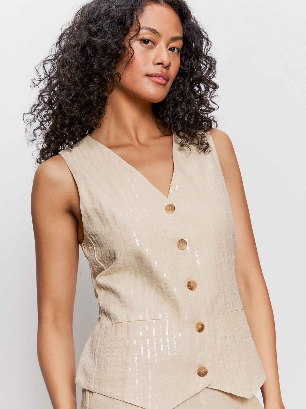 Urban Luxe Relaxed Modern Vest Sand Sequin Stripe