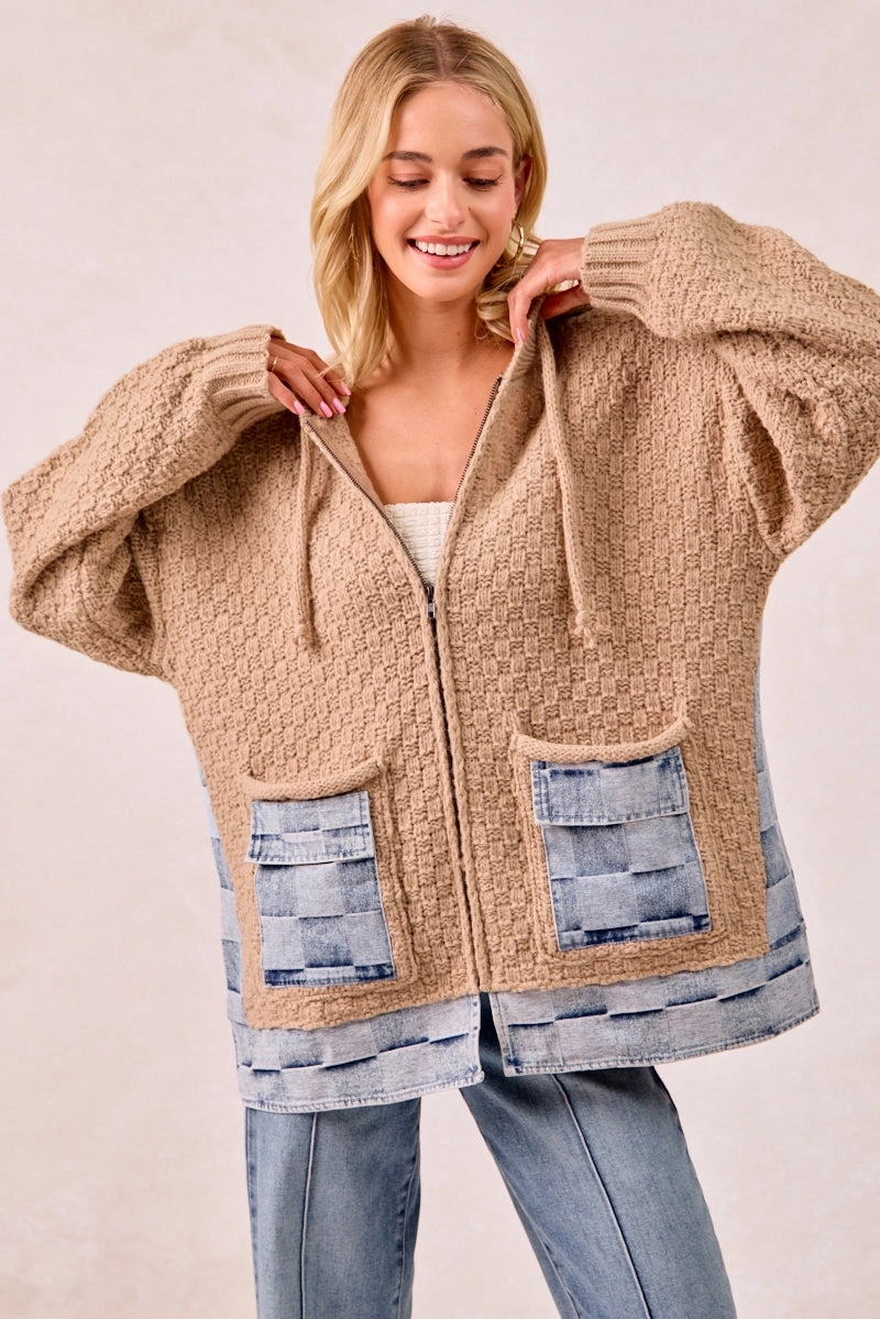 IT2951G-01 | WASHED CHECKER DENIM MIX AND MATCH SWEATER HOODIE Seasonal Favorite Travel Must