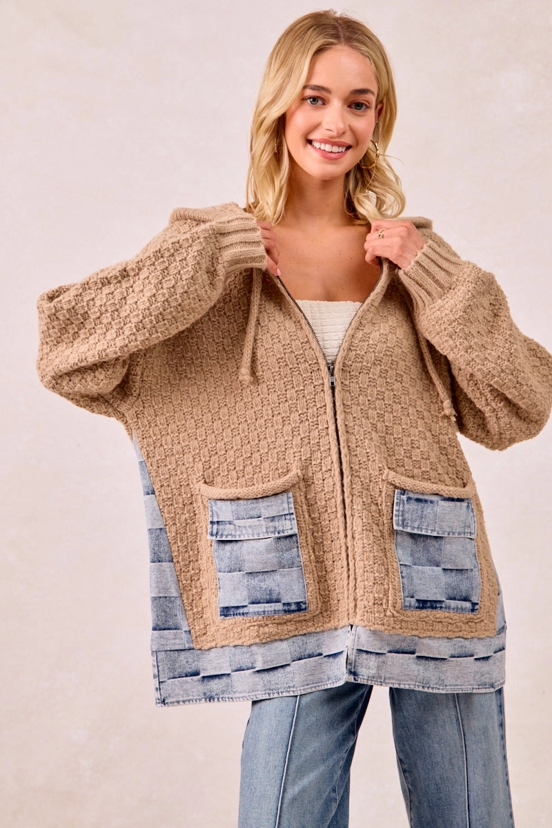 Travel Functional Wear IT2951G-01 | WASHED CHECKER DENIM MIX AND MATCH SWEATER HOODIE