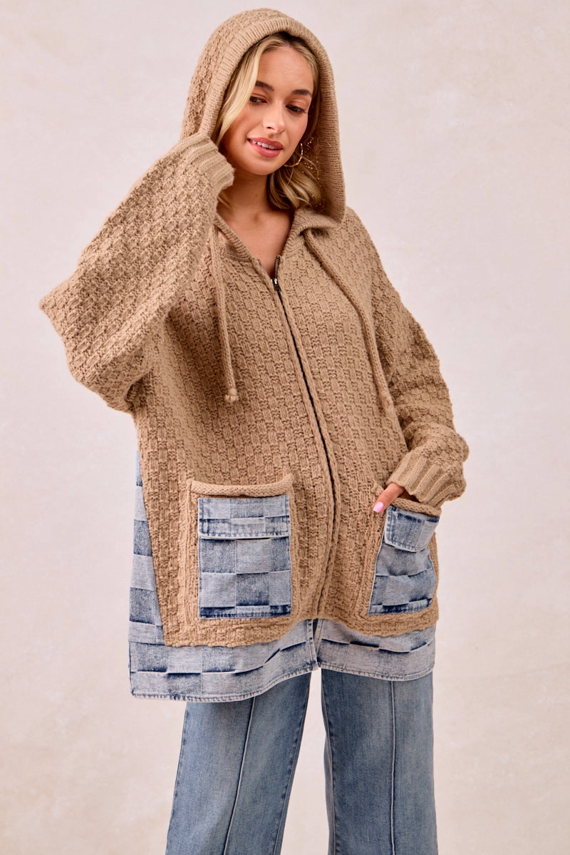 Statement Outerwear IT2951G-01 | WASHED CHECKER DENIM MIX AND MATCH SWEATER HOODIE