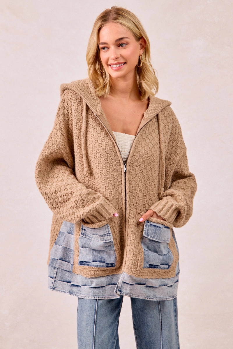 Basic Essential Layer Trendy Must Have IT2951G-01 | WASHED CHECKER DENIM MIX AND MATCH SWEATER HOODIE