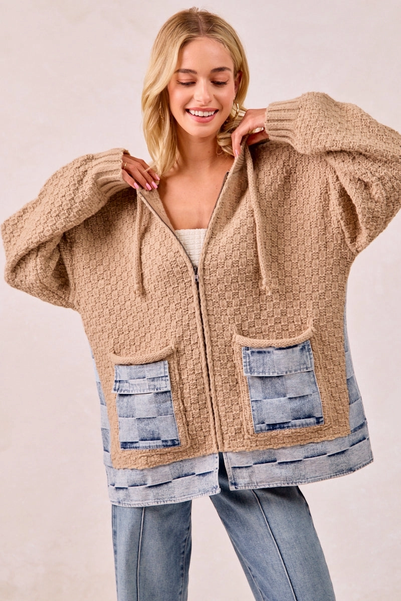 Urban Explorer Look Fashion Forward Layer IT2951G-01 | WASHED CHECKER DENIM MIX AND MATCH SWEATER HOODIE