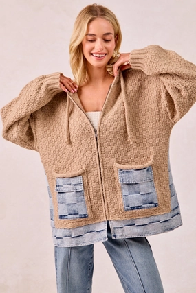 IT2951G-01 | WASHED CHECKER DENIM MIX AND MATCH SWEATER HOODIE Seasonal Favorite Travel Must