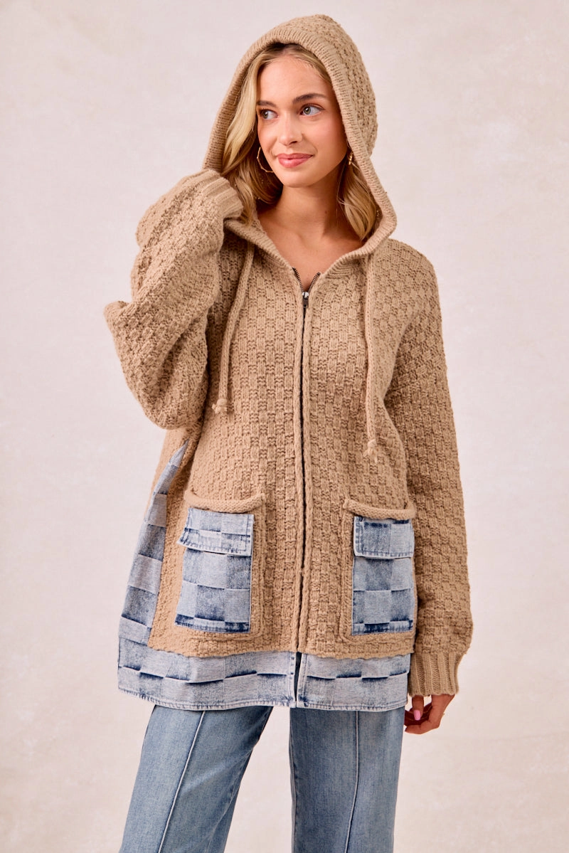 Travel Ready Look IT2951G-01 | WASHED CHECKER DENIM MIX AND MATCH SWEATER HOODIE