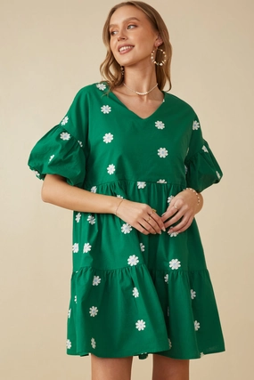 Floral Embroidered Puff Sleeve Dress Structured-Shape Side Slit