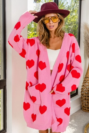 Travel Style Smooth Curve IP6449G-01 | HEART PATTERN LONG KNIT CARDIGAN WITH POCKETS