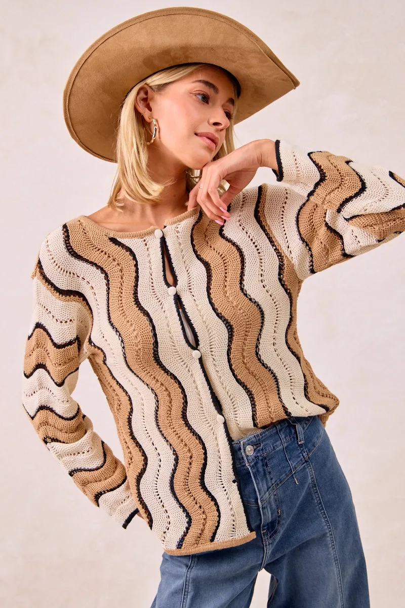 Functional Pockets Style IT4435H-01 | POINTELLE WAVY STRIPED KNIT SWEATER TOP W BUTTON