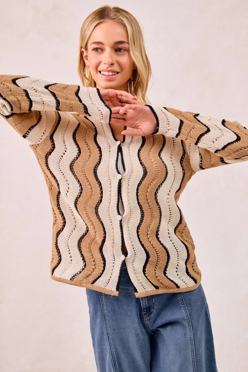 Casual Street Style IT4435H-01 | POINTELLE WAVY STRIPED KNIT SWEATER TOP W BUTTON