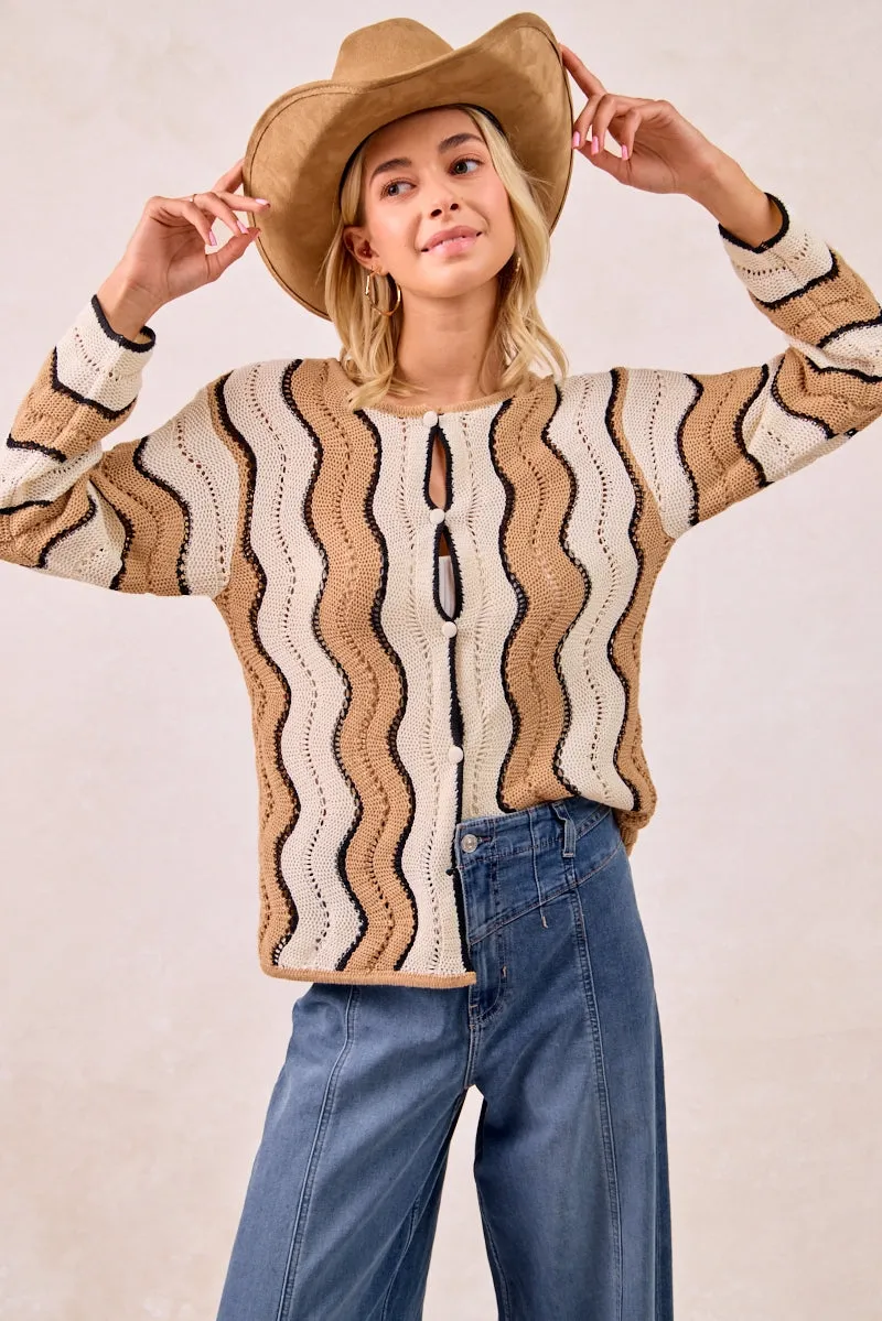 IT4435H-01 | POINTELLE WAVY STRIPED KNIT SWEATER TOP W BUTTON Cozy Fit