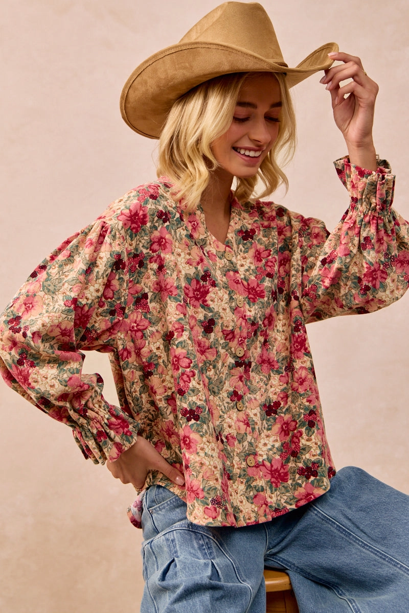 Fashion Use IT4361G-04 | FLORAL PRINTED CORDUROY VNECK RUFFLED CARDIGAN TOP