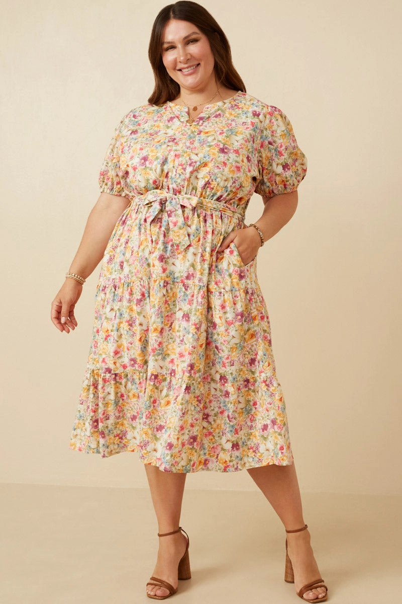 Upgrade-Option Empire Waist Floral Print Belted Dress