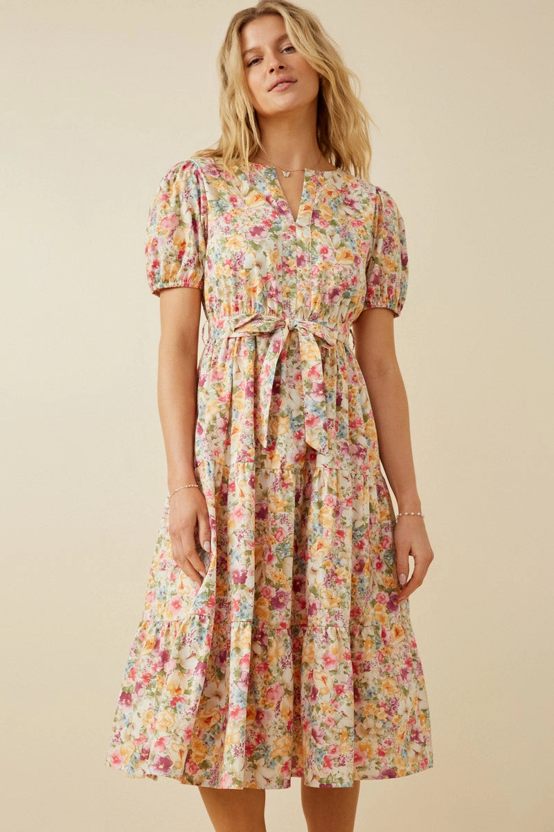 Transitional Style Lower Hem Floral Print Belted Dress