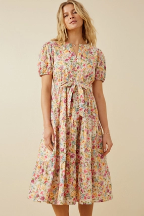 Chill Piece Lace Soft Floral Print Belted Dress