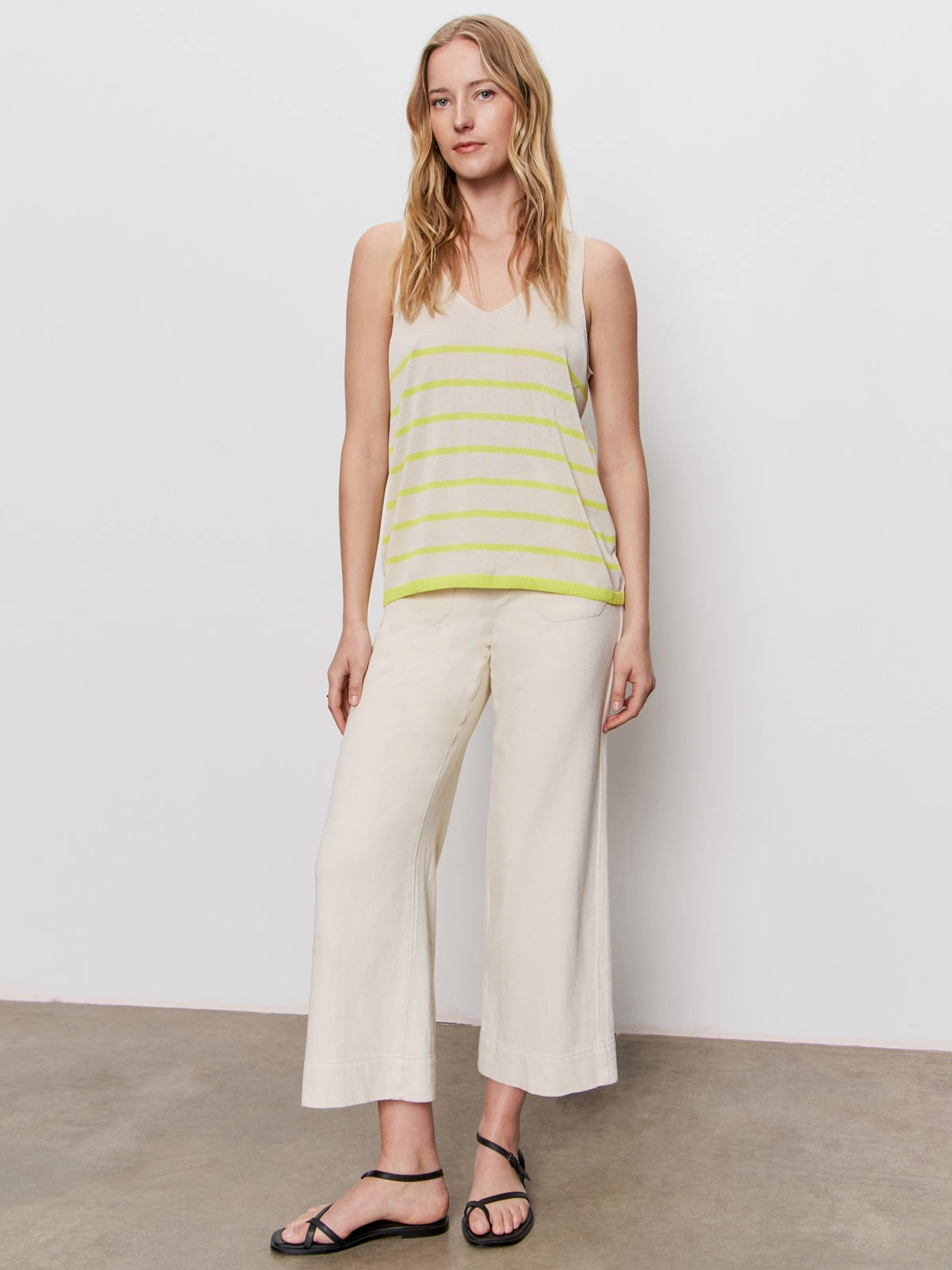 V-Neck Knitwear Tank Muslin Desert Lime Stripe Everyday Shirt
